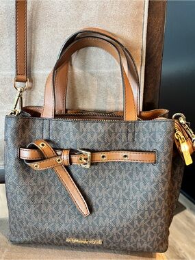 Michael Kors Brown/Tan MK Logo Satchel with Gold Hardware